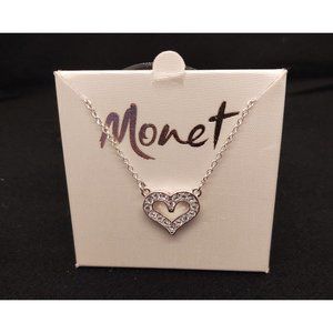Monet Crystal Heart Silver Tone Vintage Necklace